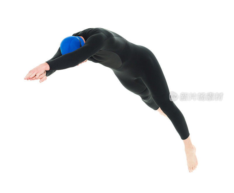 Full length / one man only / one person / side view / profile view of 30-39 years old handsome people caucasian male / mid adult men / mid adult triathlete doing triathlon / swimming / diving into water in front of white background